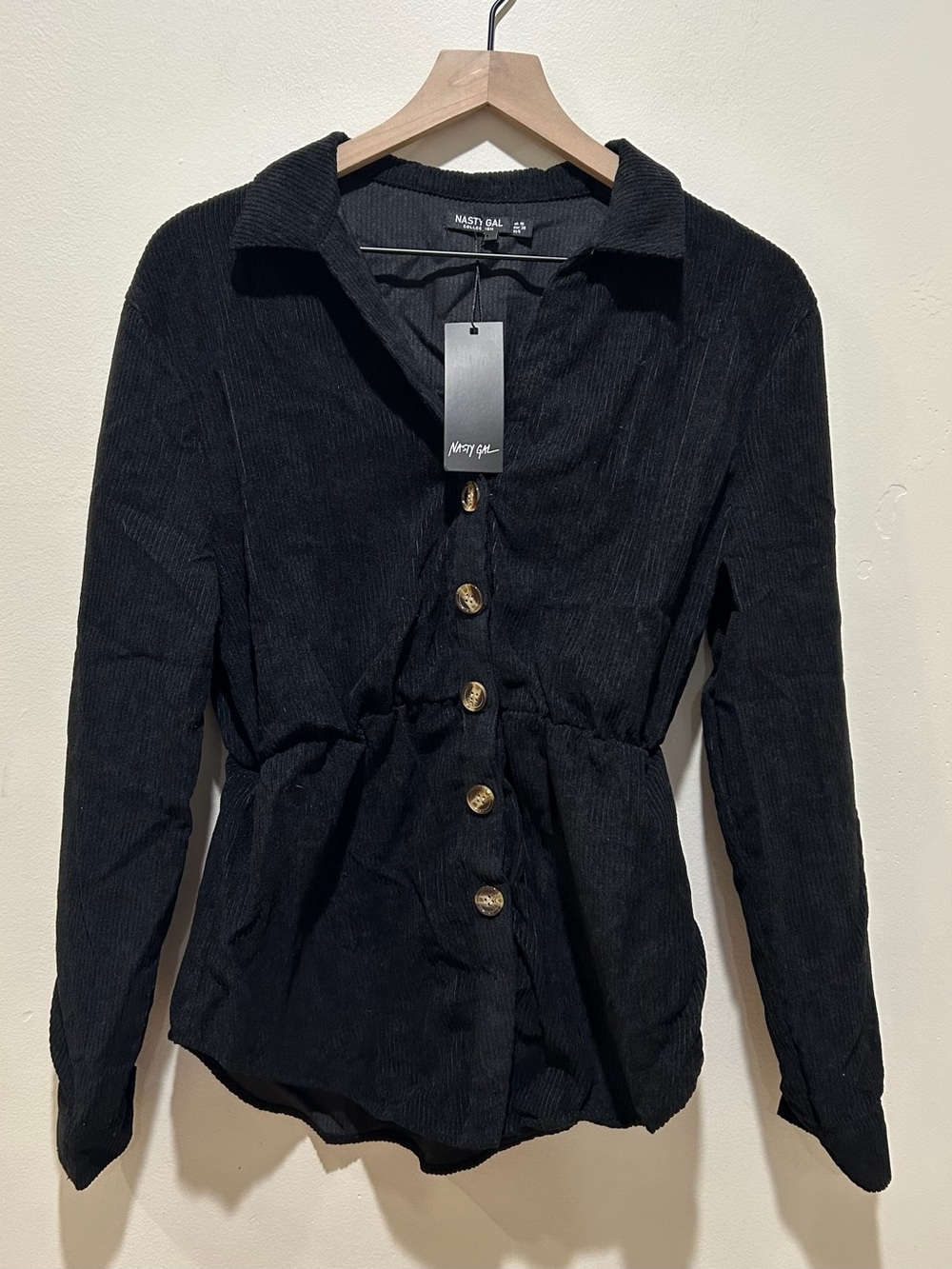NWT Nasty Gal Black Corduroy Cinched Waist Longline Shirt - Women’s Size 6